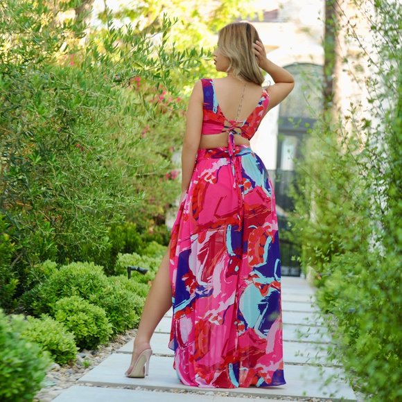 Tropical Flowy Pink Purple Multi Abstract Maxi Dress w/ O ring & adjustable top - Picture 3 of 7